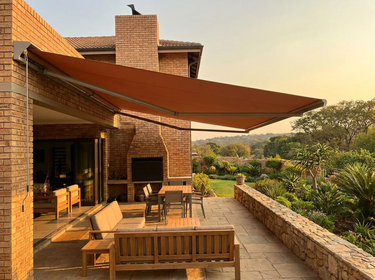 A folding-arm awning extended on hinged arms over a covered patio and braai area at a face-brick Faerie Glen home, no support poles, with a treed ridge beyond the garden wall in late-afternoon light