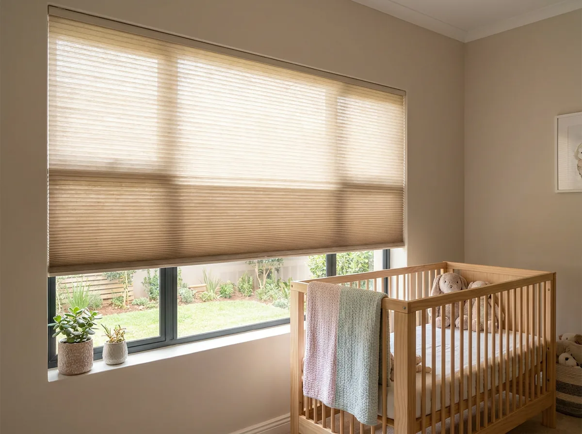 A cordless cellular honeycomb blind lowered halfway over a nursery window beside a wooden cot, the fabric's hexagonal cell rows visible against soft daylight