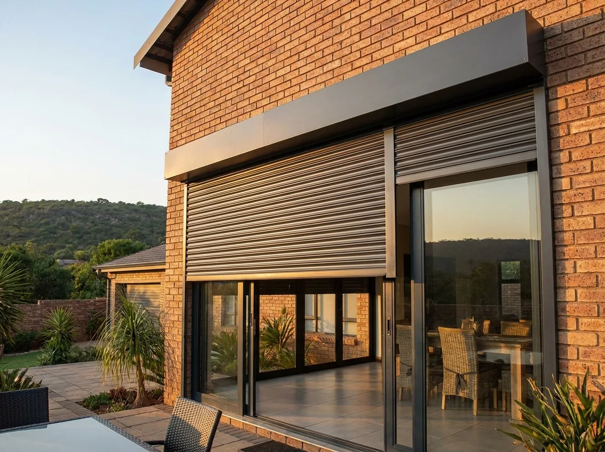 An exterior aluminium roller shutter rolled partway down over west-facing sliding glass doors of a face-brick Faerie Glen home, stopping the low afternoon sun before it reaches the glass