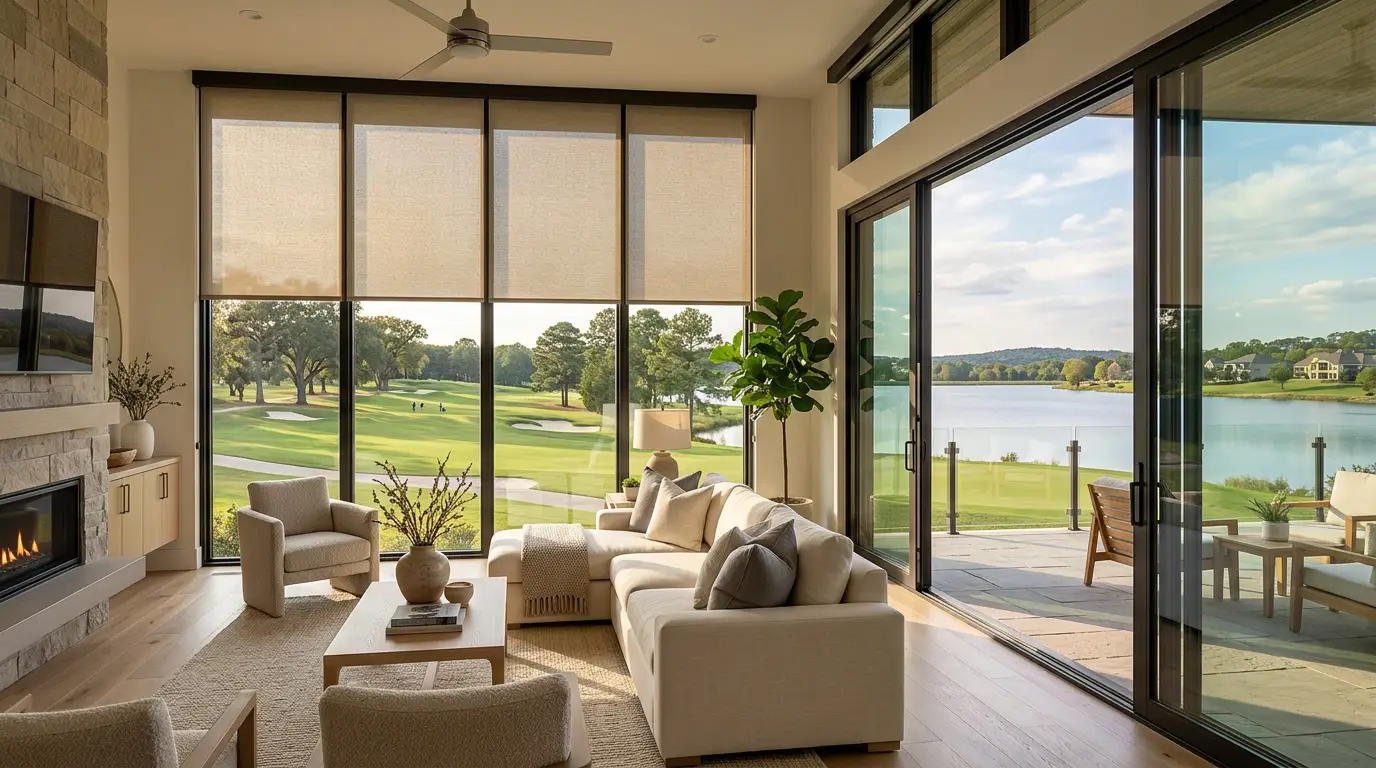 Motorised sunscreen roller blinds in a bright living room overlooking the Silver Lakes fairway and lake