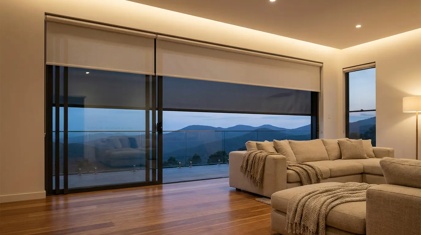 Double roller blind with sunscreen and blockout layers fitted to a wide sliding door in a Faerie Glen lounge