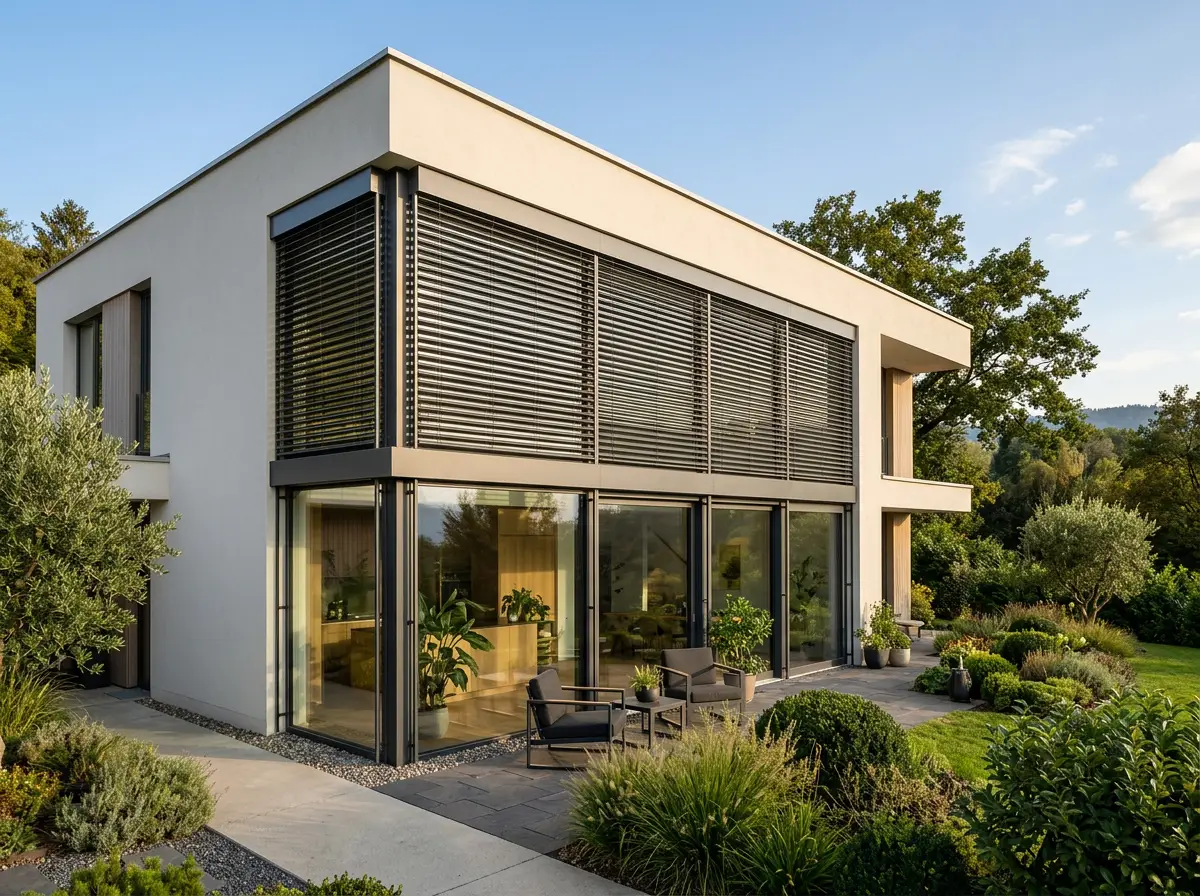 Exterior of a Faerie Glen home with aluminium external venetian blinds mounted over large glazing