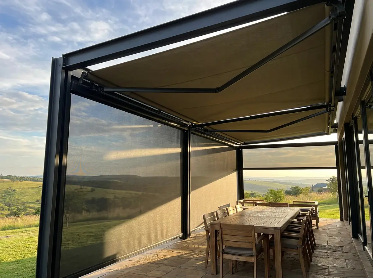 Kitchen with khaki-toned roller blinds fitted to large windows